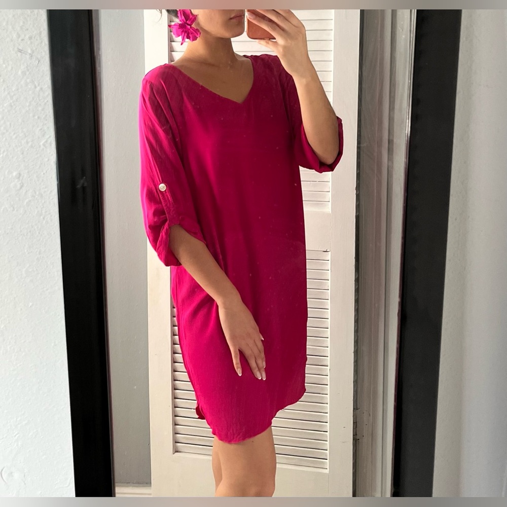 Hot Pink lightweight Tunic cover up Mini Dress S | resortwear tropical vacation - Picture 7 of 13